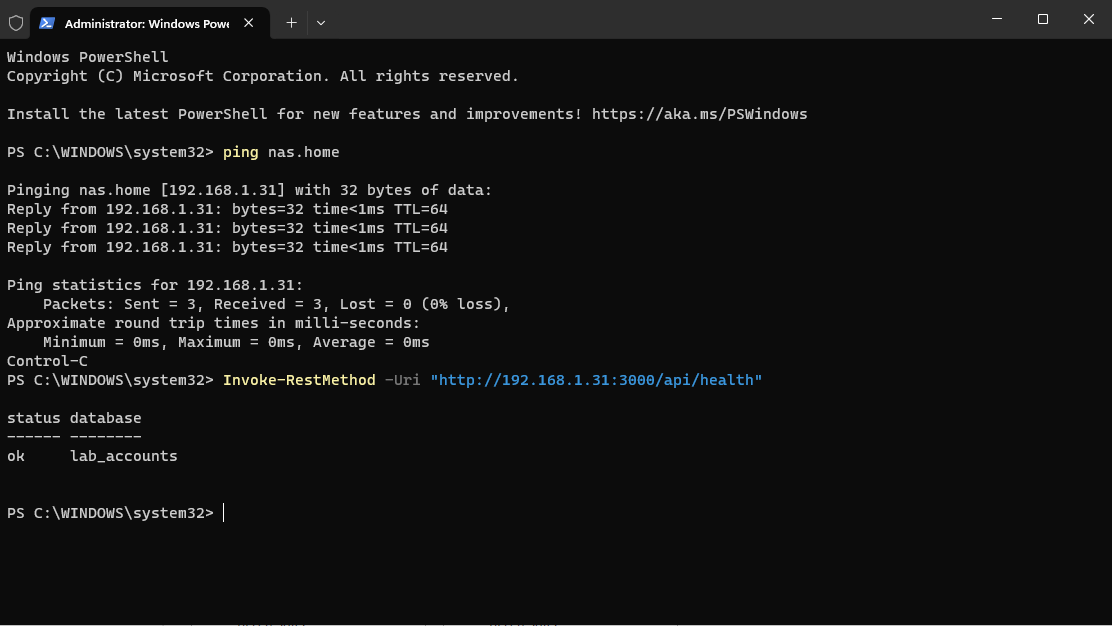 PowerShell on DC01 successfully reaching nas.home and the account portal API